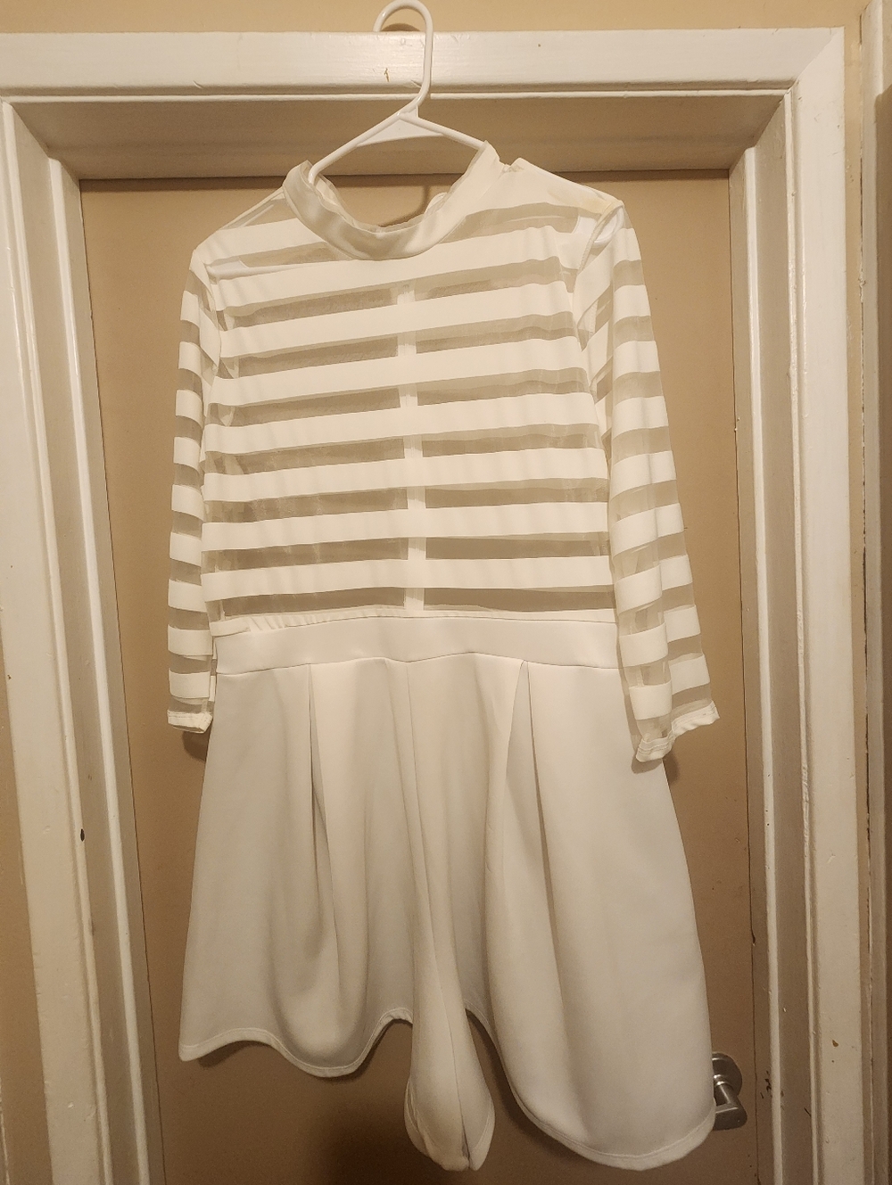 Women White Striped Mesh Short Romper